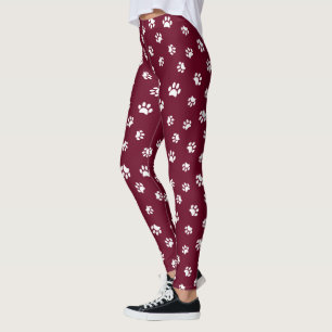 Leggings Jolis motifs de pattes blanches sur fond bordeaux