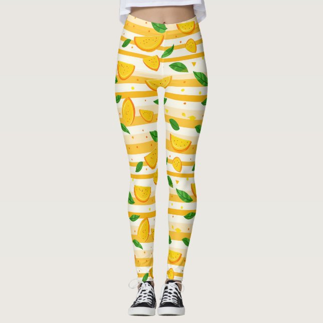 Leggings Jouer Motif de tranche orange avec Feuilles verts (Devant)