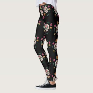 Leggings Jour des Morts crânes et fleurs de sucre Noir