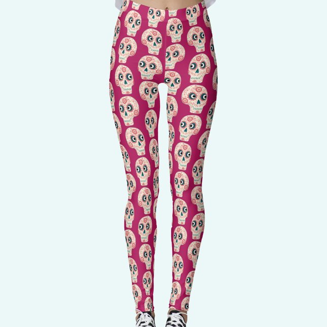 Leggings Jour du crâne de sucre du rose magenta mort (Pink Sugar Skull Day of the Dead leggings)