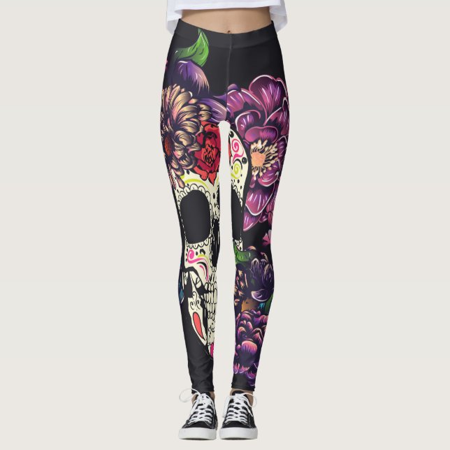 Leggings Jour du crâne mort avec des fleurs (Devant)