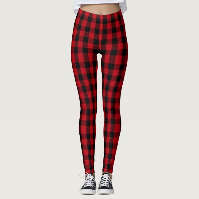 Leggings Joyaux de Noël pour femmes Rouge/Noir Plaid Leggin (Devant)