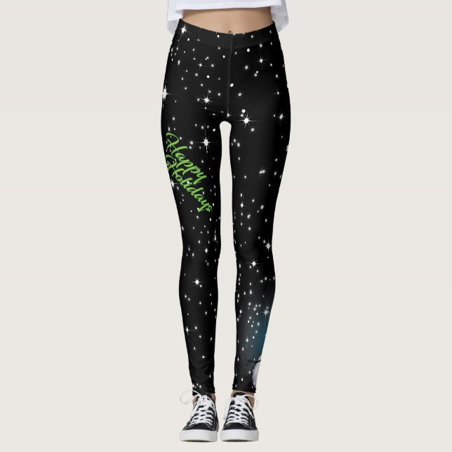 Leggings Joyeuses fêtes en texte vert avec Snowman en NOIR (Devant)