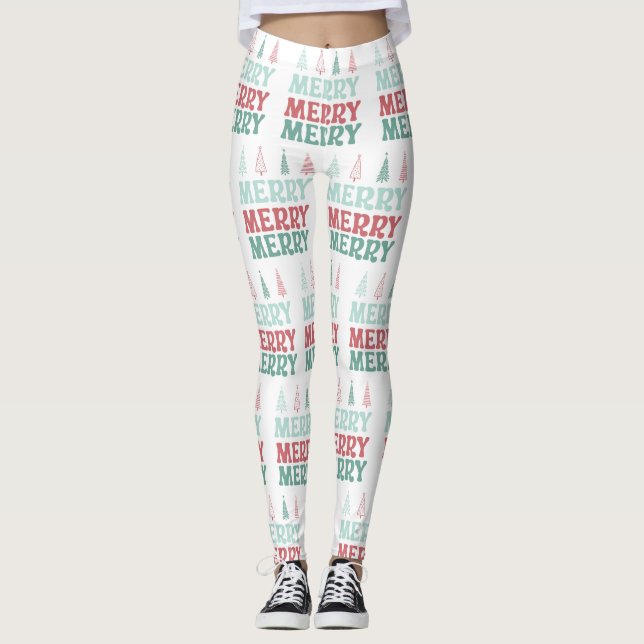 Leggings Joyeux Joyeux Joyeux avec des arbres de Noël bohèm (Devant)