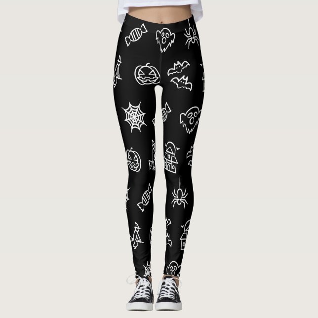 Leggings Joyeux motif d'Halloween déplaisant - noir et blan (Devant)