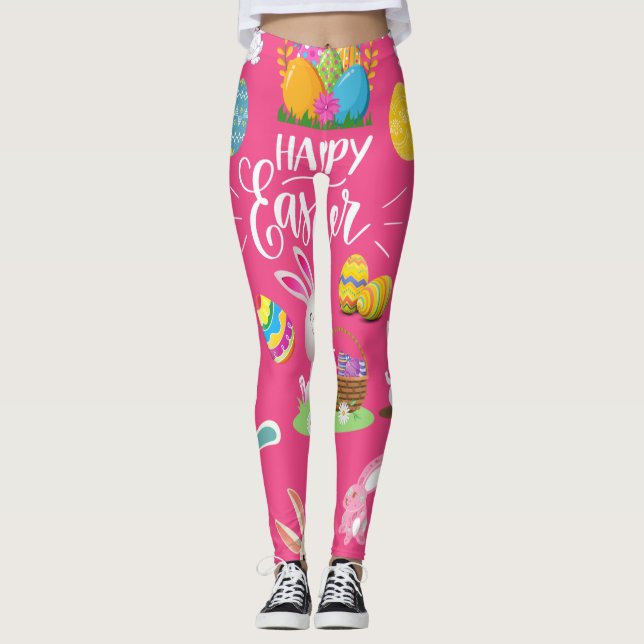Leggings Joyeux Pâques, Amusants Souhaits De Lapin Et Oeufs (Devant)