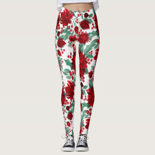 Leggings Joyeux rouge Poinsettia Fleurs Feuilles ivoire Aqu