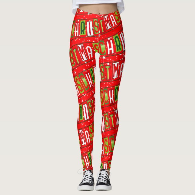 Leggings Joyeux texte de Noël étoilé rouge vert blanc (Devant)