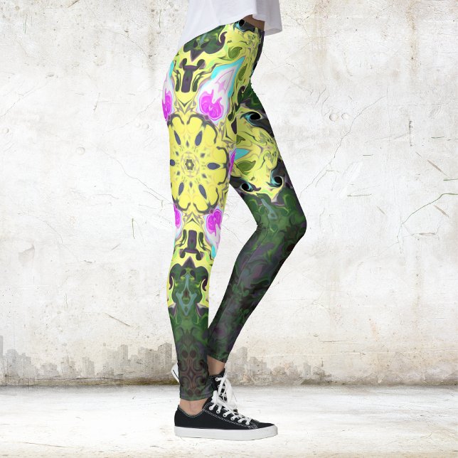 Leggings Kaleidoscope psychédélique Fleur Jaune et rose (Créateur téléchargé)