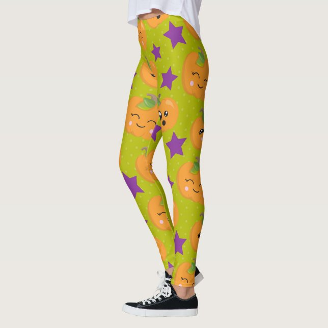 Leggings Kawaii Citrouille & Étoiles Violettes (Gauche)
