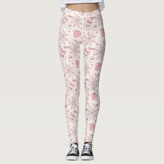 Leggings Kawaii Pink Halloween Ghosts & Citrouille (2) (Devant)
