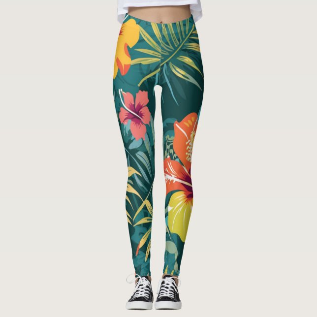 Leggings Kawung Batik tropical avec Hibiscus (Devant)