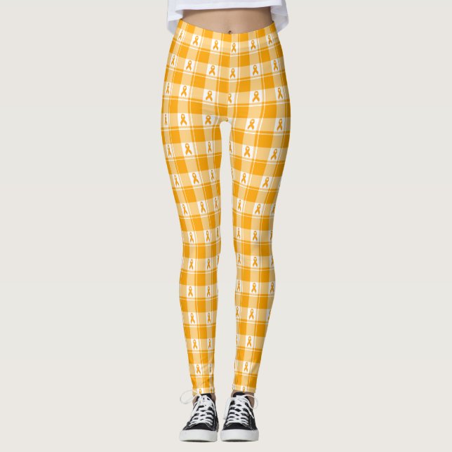 Leggings Kidney Cancer Awareness Plaid Orange Ribbon (Devant)