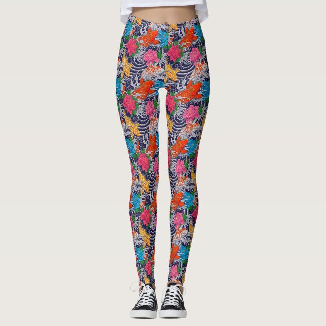Leggings Koi Fish Tatouage Japonais Avec Modèle Floral Vagu (Devant)