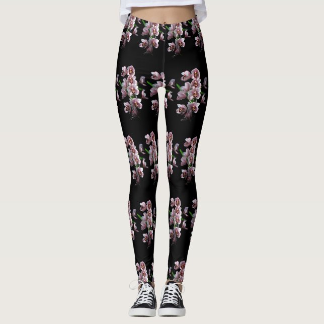 Leggings La folie des orchidées sur le noir (Devant)