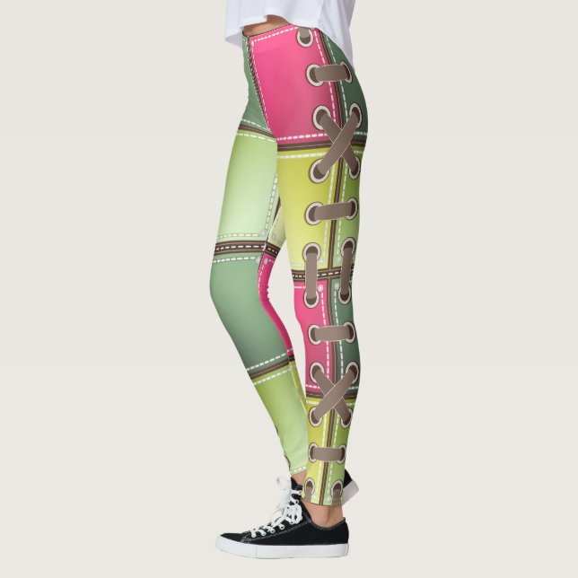 Leggings lacets de chaussures art de mode rose et vert (Gauche)