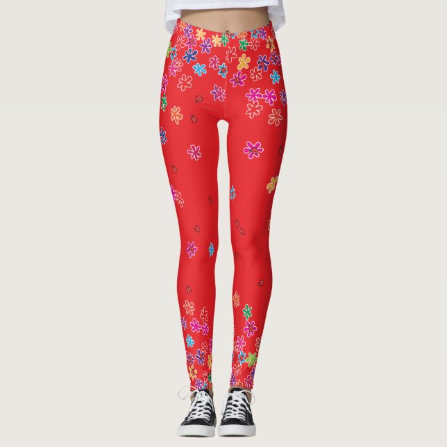 Leggings Ladybugs et fleurs rétro (Devant)