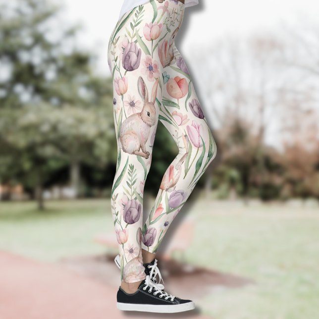 Leggings Lapin Gris Mignon avec Tulipes Colorées (Créateur téléchargé)