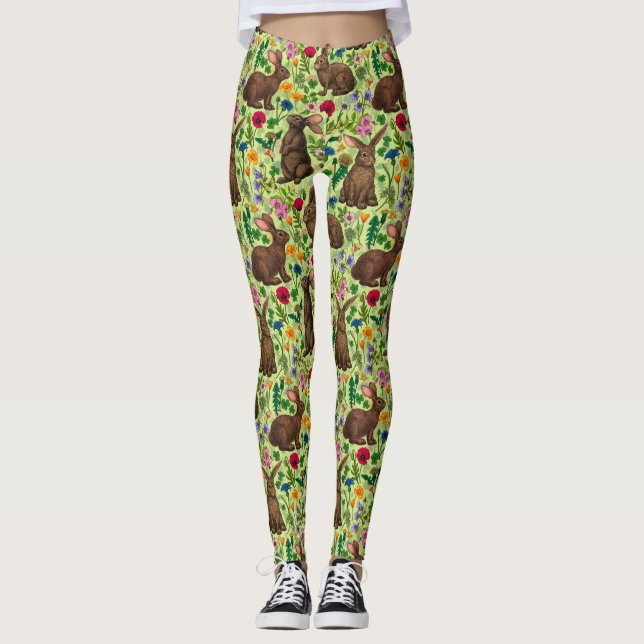 Leggings Lapins et fleurs sauvages sur le vert miel (Devant)
