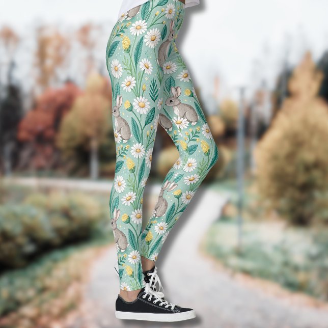Leggings Lapins Mignons Assis Parmi les Pâquerettes Blanche (Créateur téléchargé)