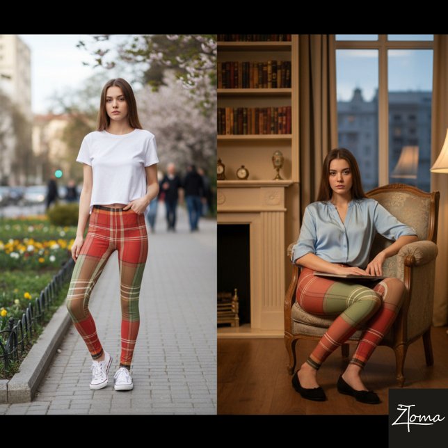 Leggings Large Red Sage Brown Vertical Tartan (Créateur téléchargé)
