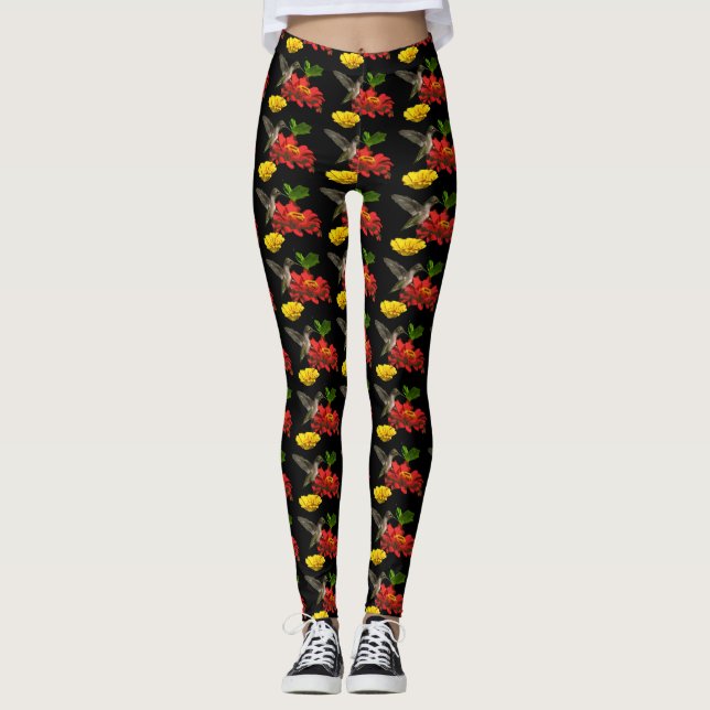 Leggings Le colibri sur le jaune rouge fleurit des guêtres (Devant)