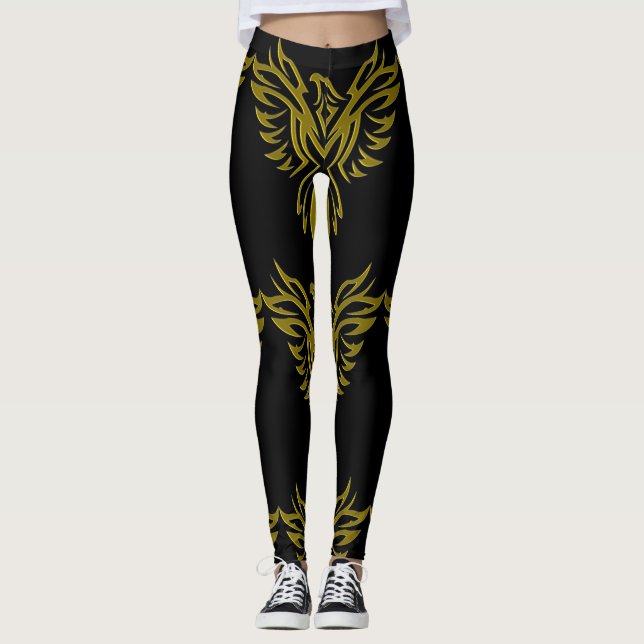 Leggings Le Phoenix d'or se lève sur le noir (Devant)