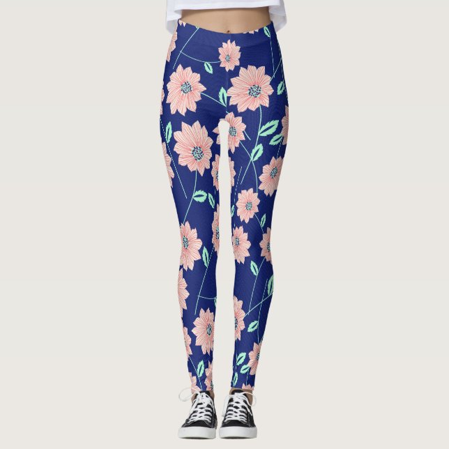Leggings Le rose fleurit des guêtres de bleu marine (Devant)