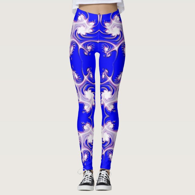 Leggings Le rose sur la fractale bleue fleurit des guêtres (Devant)