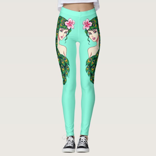 Leggings Le yoga turquoise d'Athleisure de fille de paon (Devant)