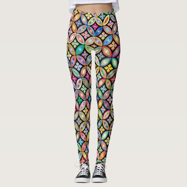 Leggings légendes aux fleurs géométriques colorées (Devant)