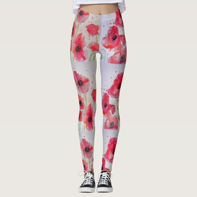 Leggings Légendes d'aquarelle florale de pavot rouge (Devant)