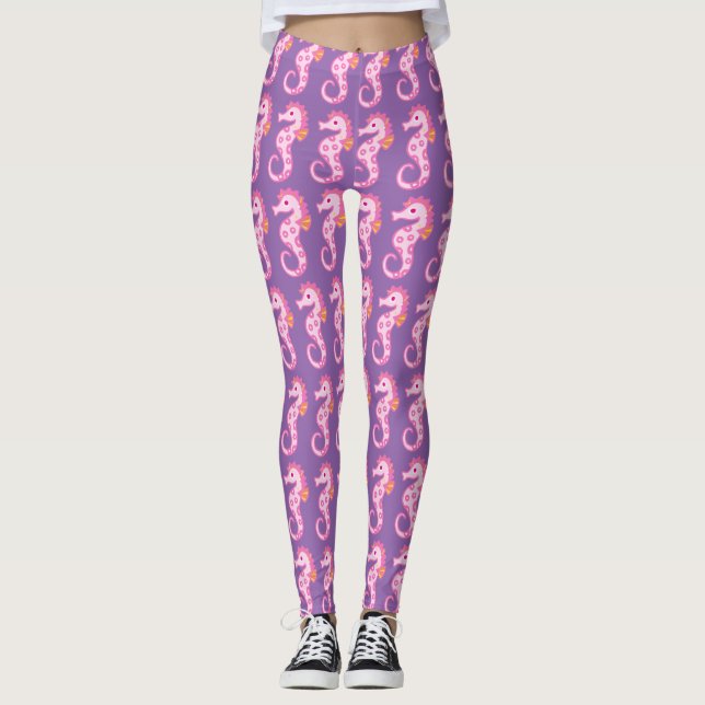 Leggings Légendes de cheval de mer violet et rose (Devant)