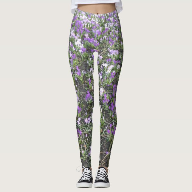 Leggings Légendes de fleurs de Crocus pourpres et blanches (Devant)