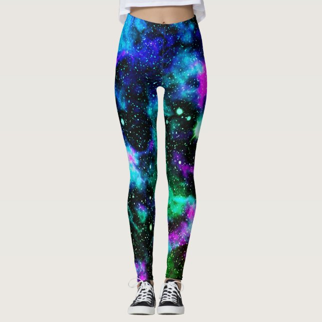 Leggings Légendes de Yoga de Neon de Galaxy Bleu et Vert (Devant)
