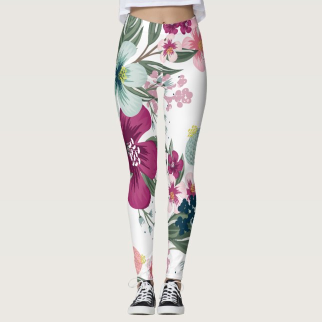 Leggings Légendes des femmes Fleurs tropicales sur blanc (Devant)