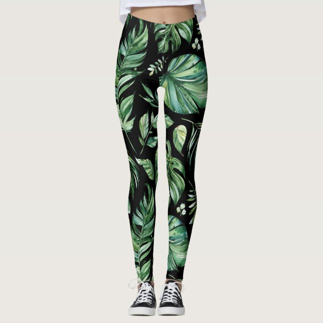 Leggings Légendes en feuilles de Monstère Tropicale Vertes  (Devant)