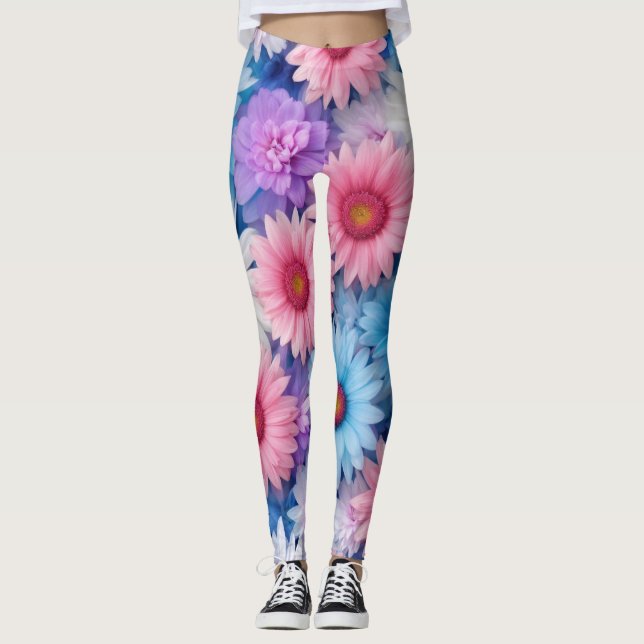 Leggings Légendes florales éclatées avec rose, blanc et ble (Devant)