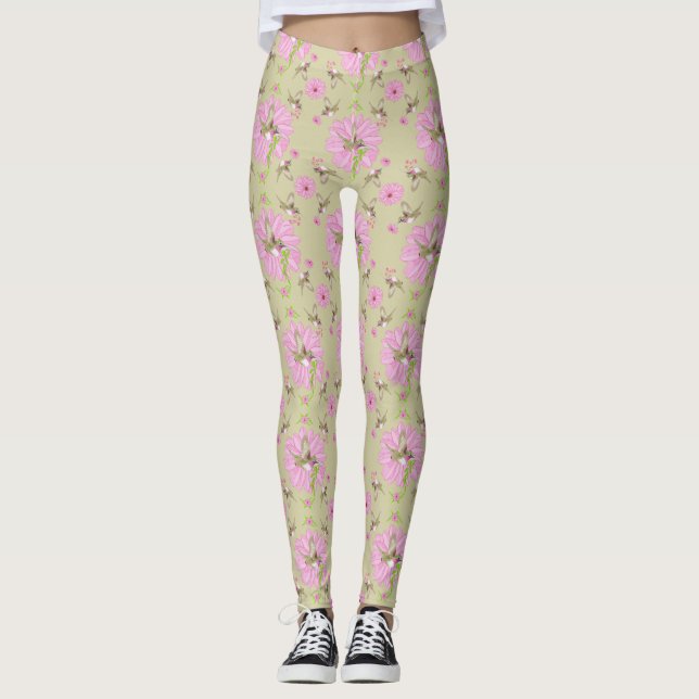 Leggings Légendes florales roses et vertes nostalgiques (Devant)