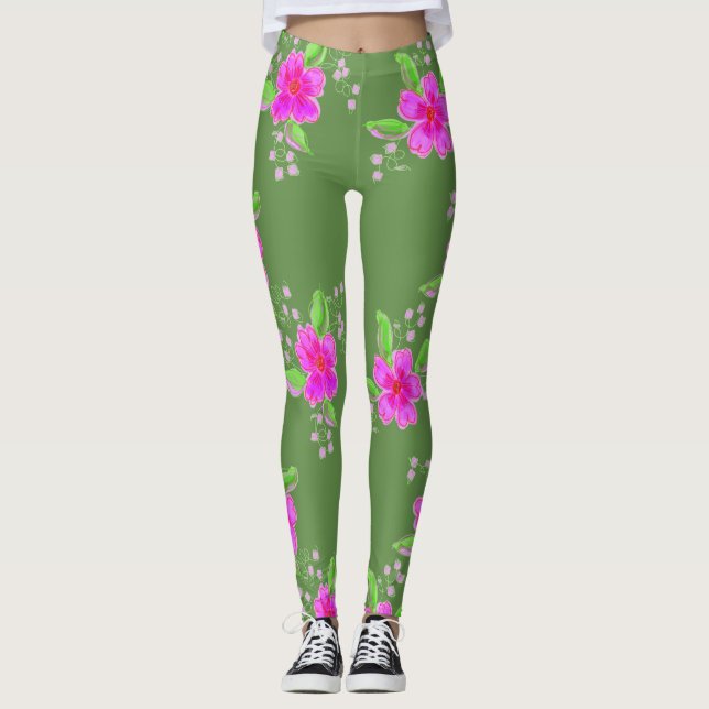 Leggings Légendes Vertes Élégantes Avec Impression Fleur Ro (Devant)