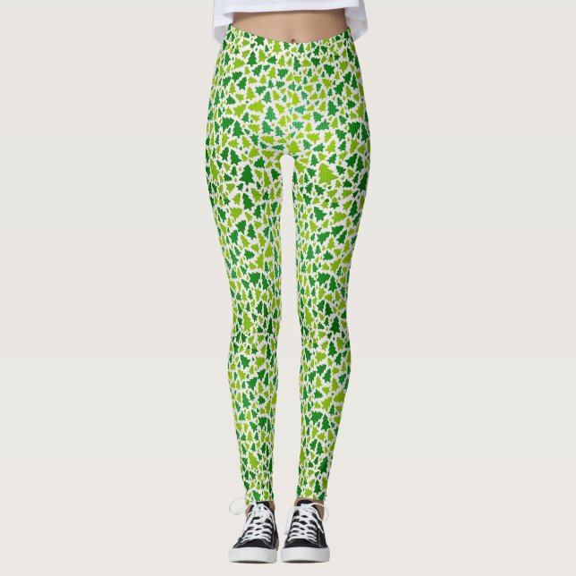 Leggings Legs Motif d'arbre de Noël vert et blanc (Devant)