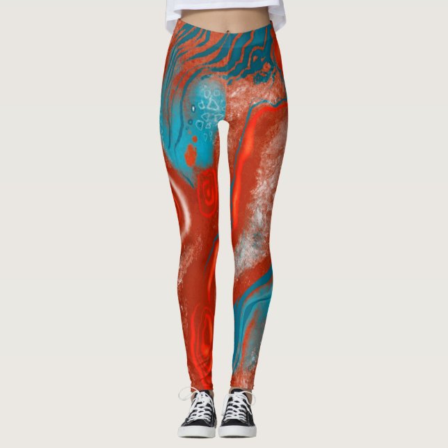 Leggings Légumineuses abstraites turquoise et feu (Devant)
