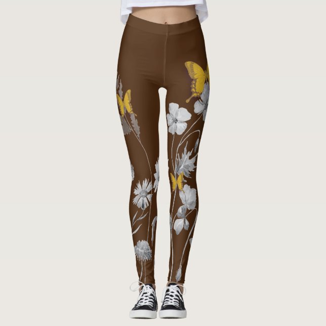 Leggings Légumineuses Brown à fleurs et papillons (Devant)
