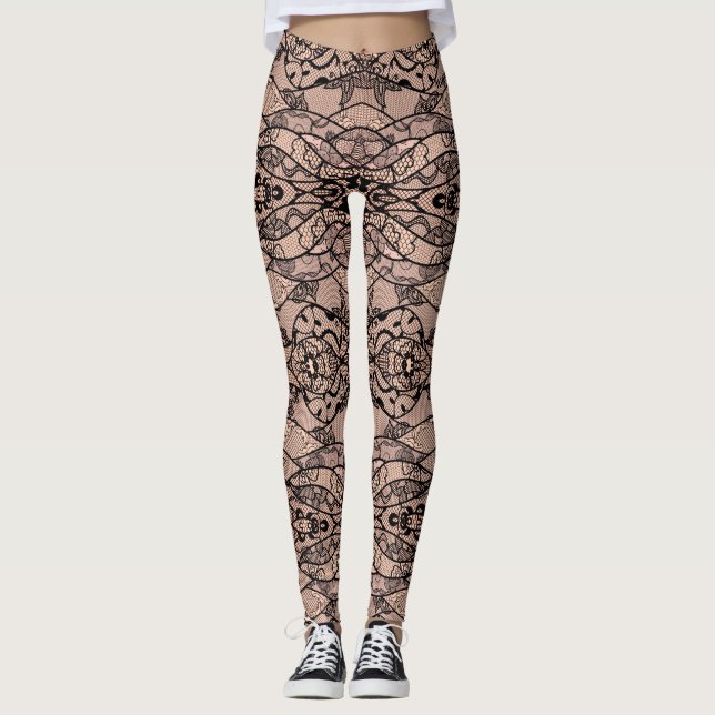 Leggings Légumineuses de dentelle noire Faux avec fleurs (Devant)