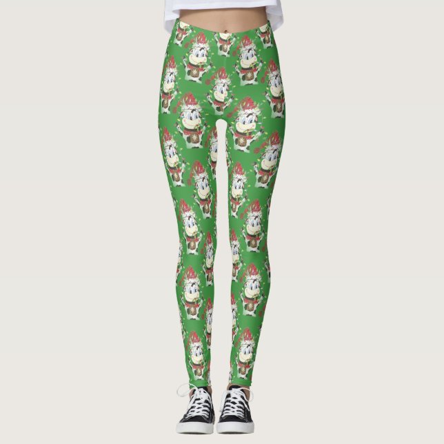 Leggings Légumineuses vertes motifs de vache de Noël (Devant)