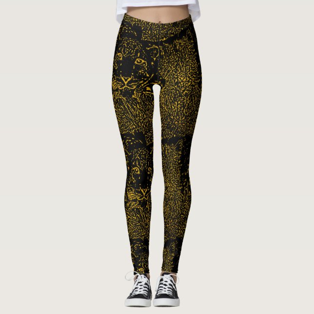 Leggings Leopard de neige dorée sur les pattes noires (Devant)
