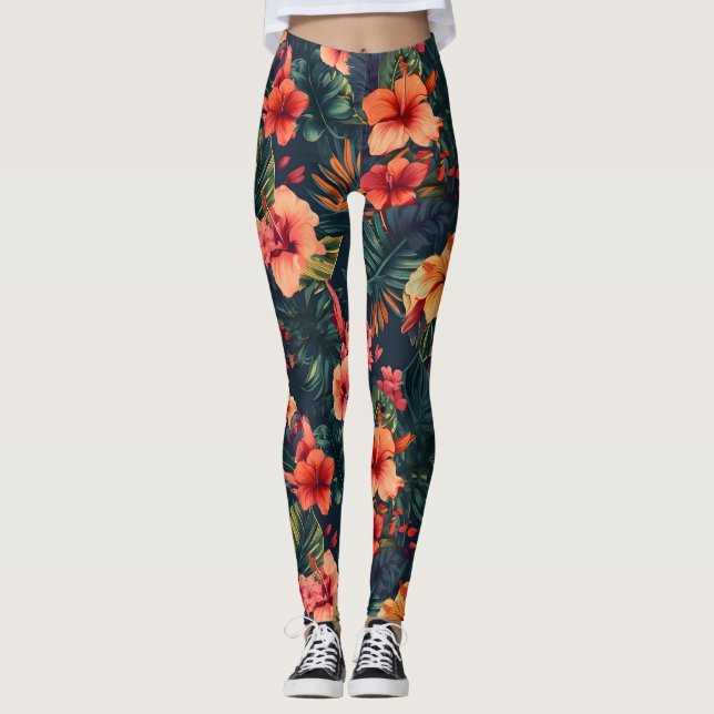 Leggings Les Fleurs D'Hibiscus, Un Modèle Floral Tropical (Devant)