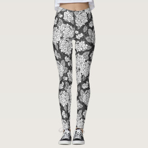 Leggings Les fleurs d'Hydrangea. Motif floral noir et blanc
