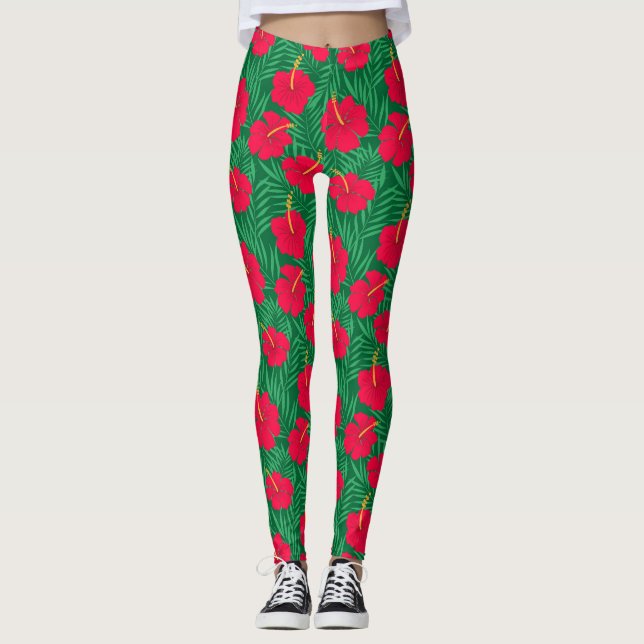 Leggings Les fleurs rouges d'Hibiscus sur les Feuilles trop (Devant)