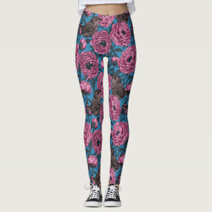Leggings Les pivoines et les brindilles sur le bleu